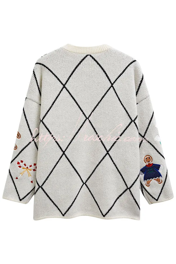 Argyle Candy Gingerbread Man Embroidered Button-knit Cardigan