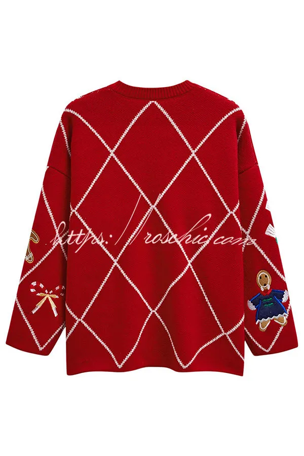 Argyle Candy Gingerbread Man Embroidered Button-knit Cardigan