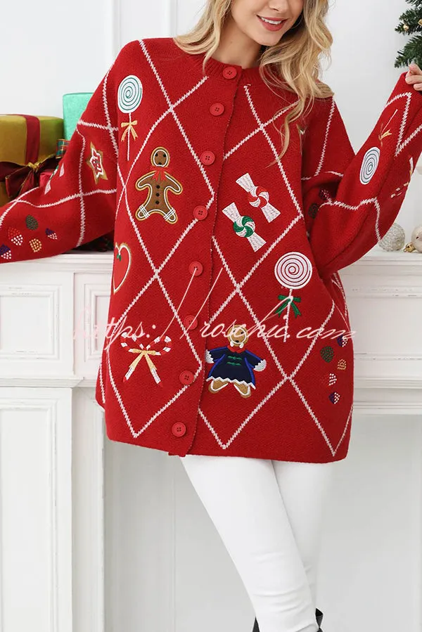 Argyle Candy Gingerbread Man Embroidered Button-knit Cardigan