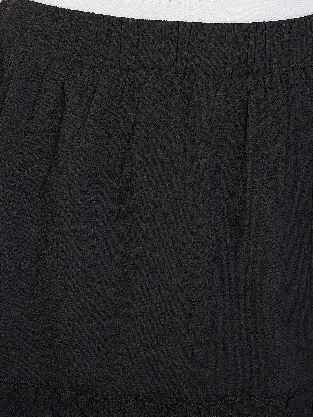 Berrylush Women Solid Black Cut-Work Slip-On Flared Mini Skirt