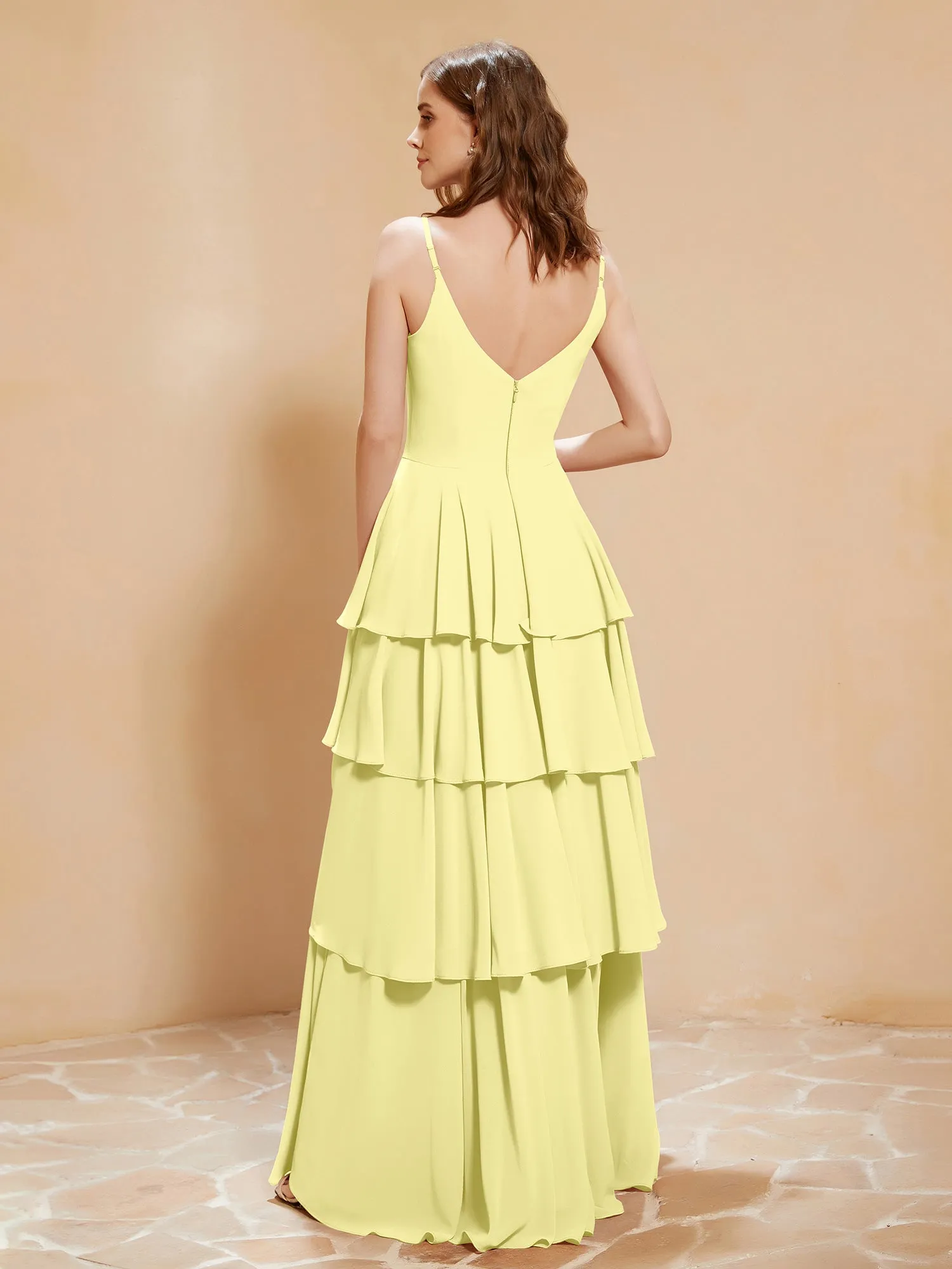 Boho V-neck Floor-length Dress Flowy Ruffles Daffodil