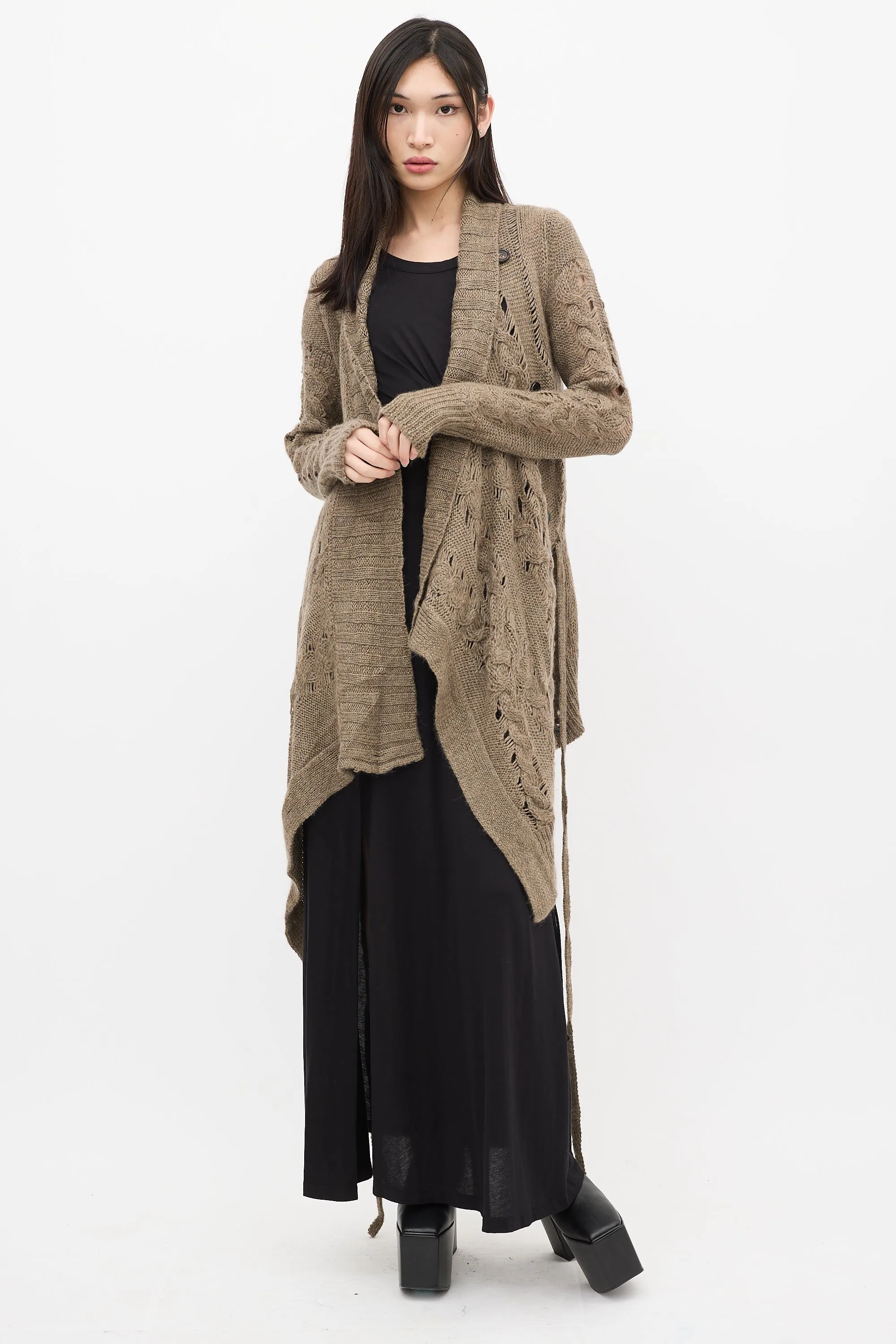 Brown Wool Knit Asymmetrical Cardigan