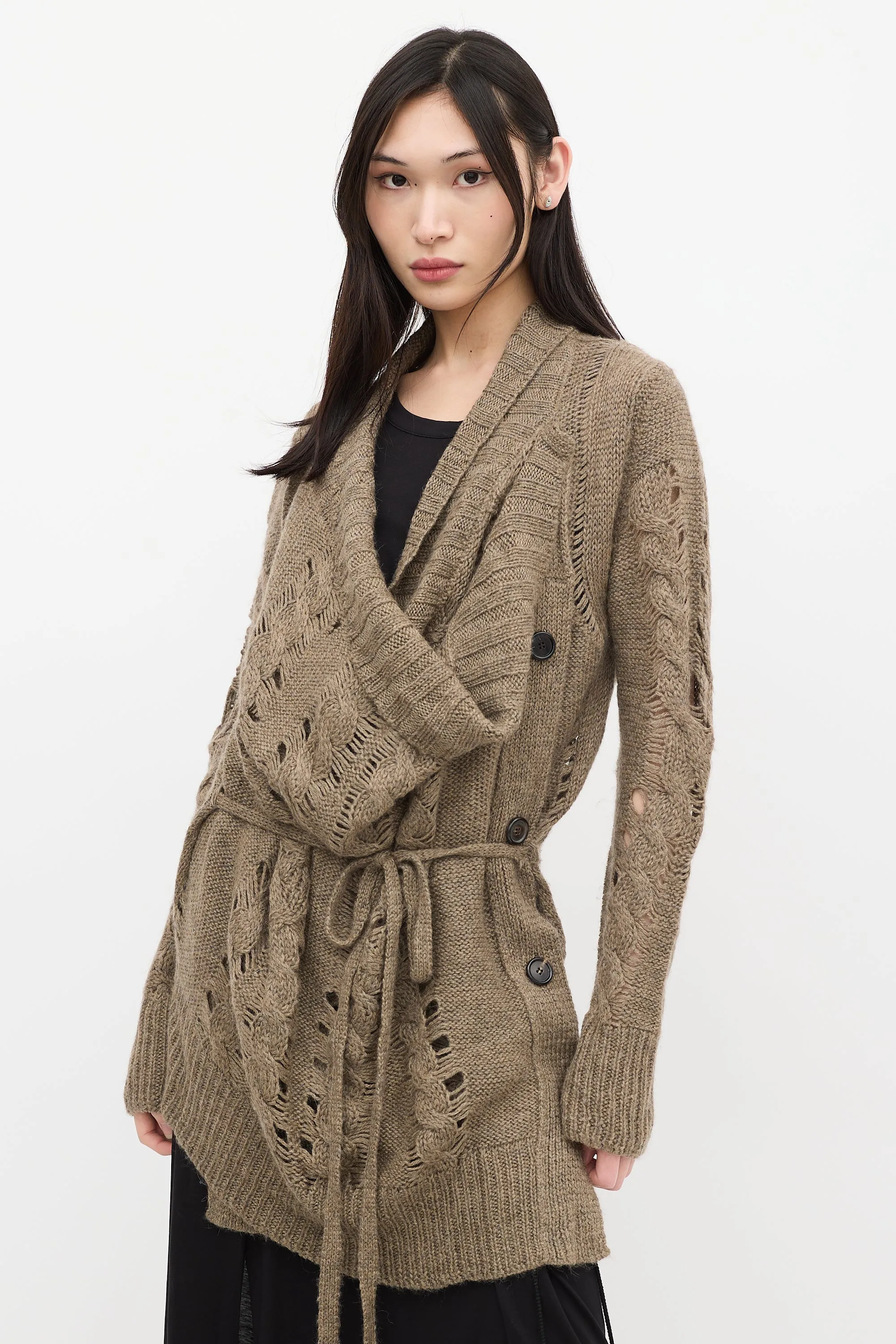 Brown Wool Knit Asymmetrical Cardigan