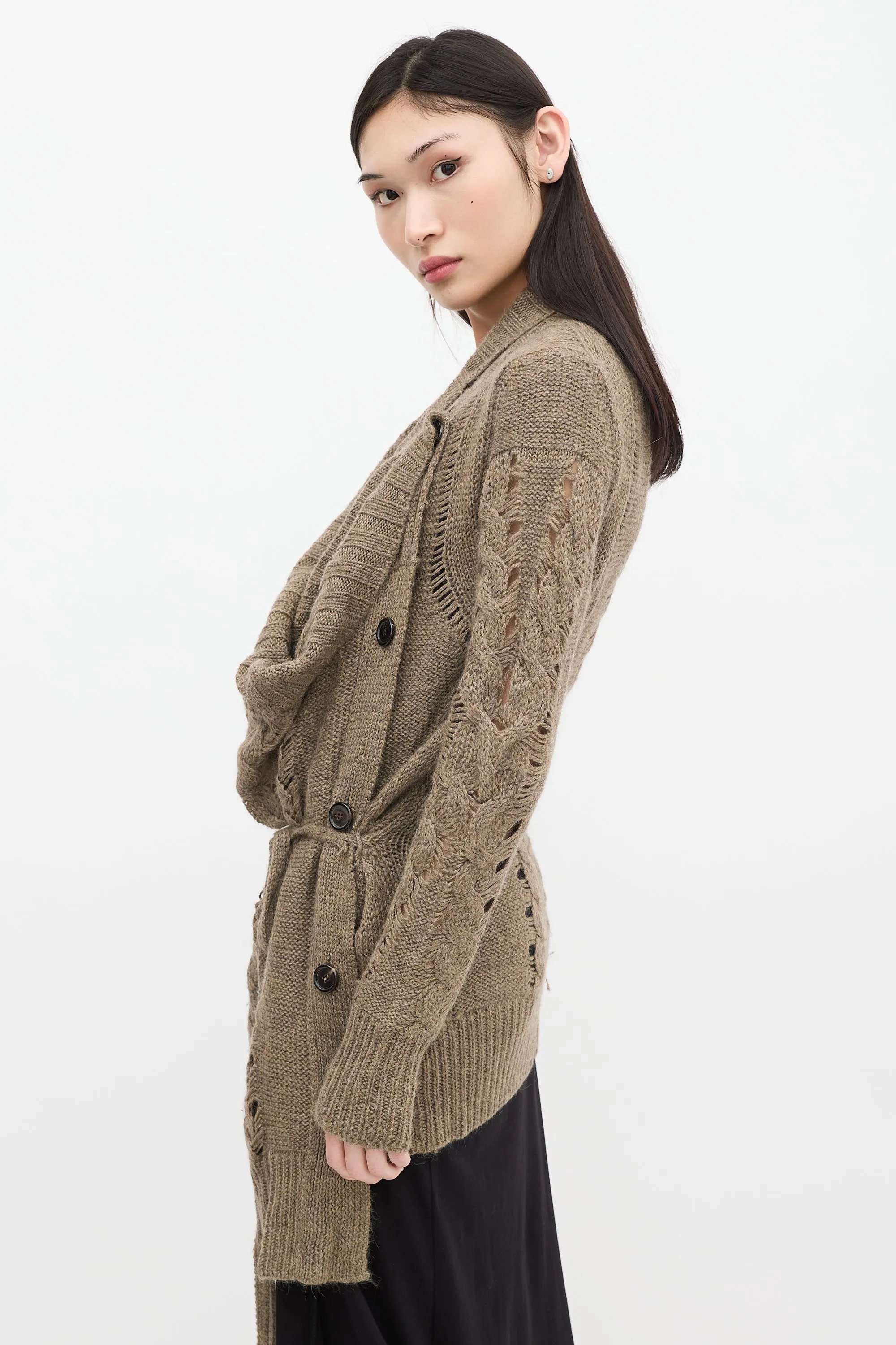 Brown Wool Knit Asymmetrical Cardigan