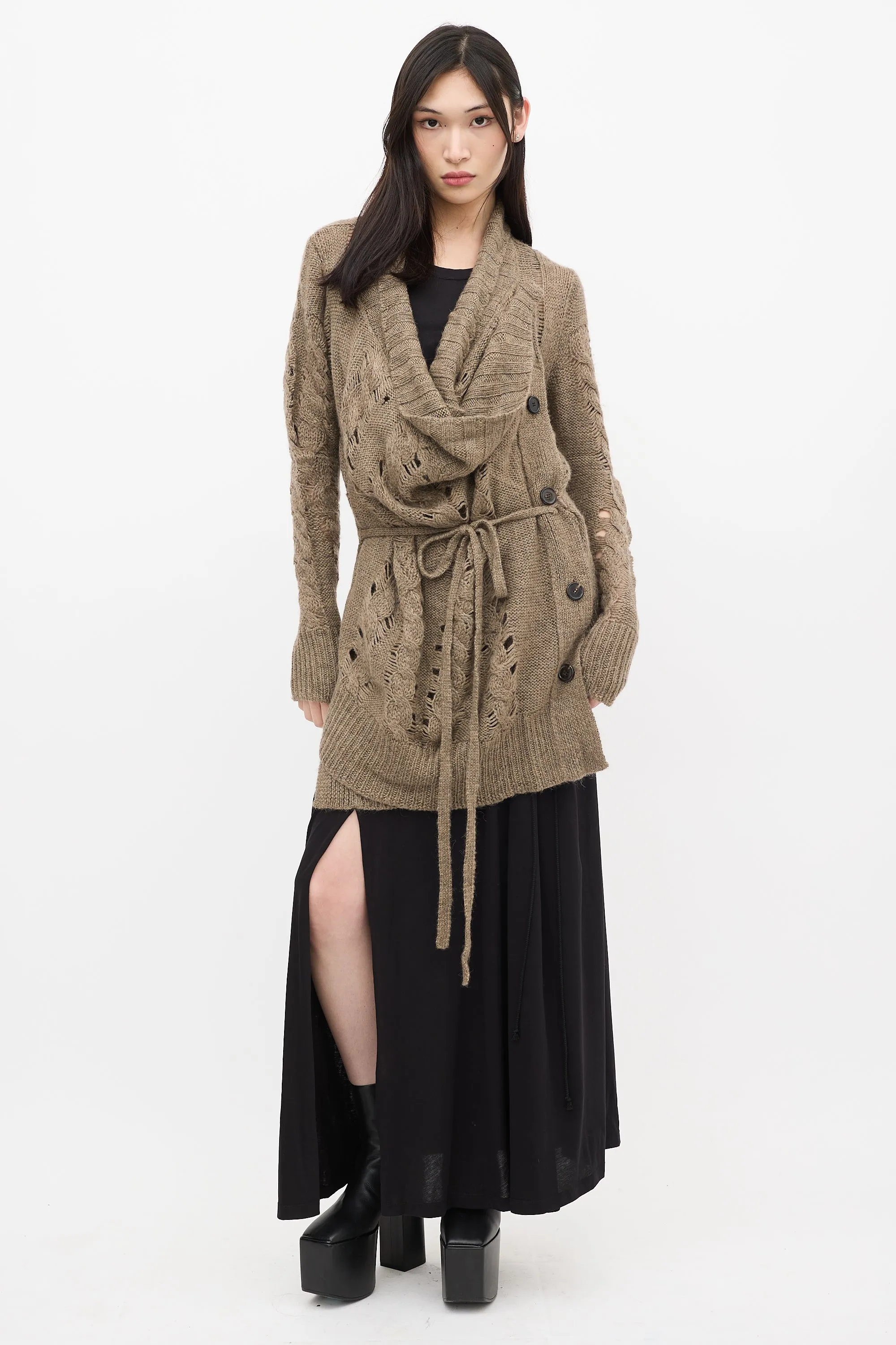 Brown Wool Knit Asymmetrical Cardigan