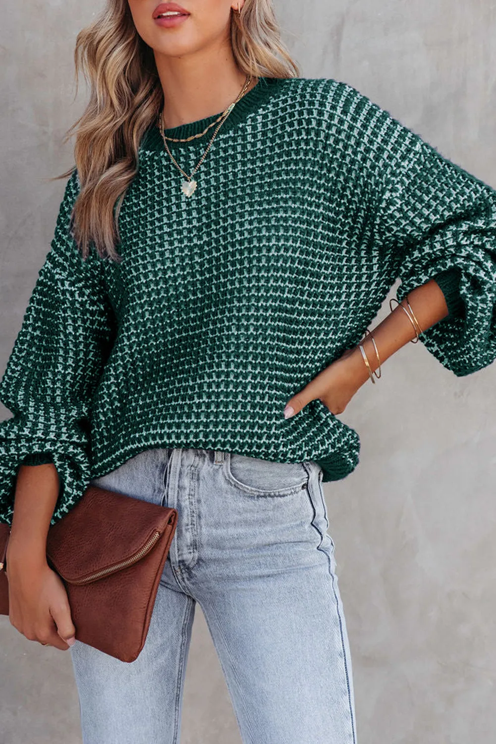 Checker Puff Sleeve Sweater