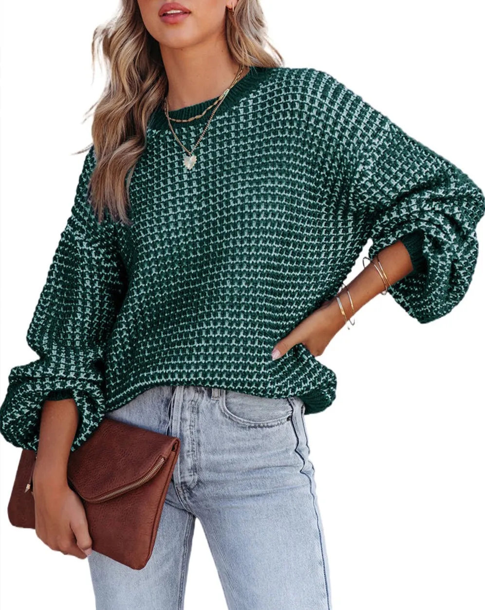 Checker Puff Sleeve Sweater