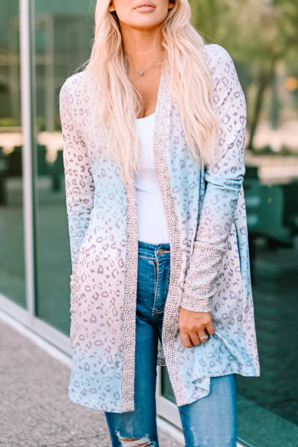 color Gradient Leopard Open Front Cardigan