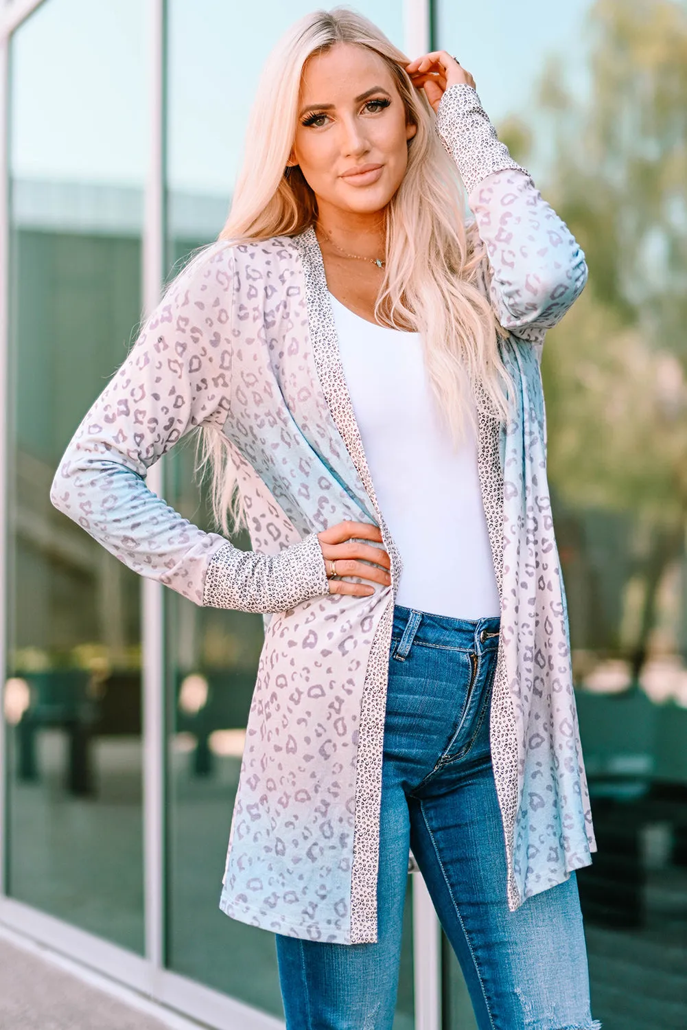 color Gradient Leopard Open Front Cardigan