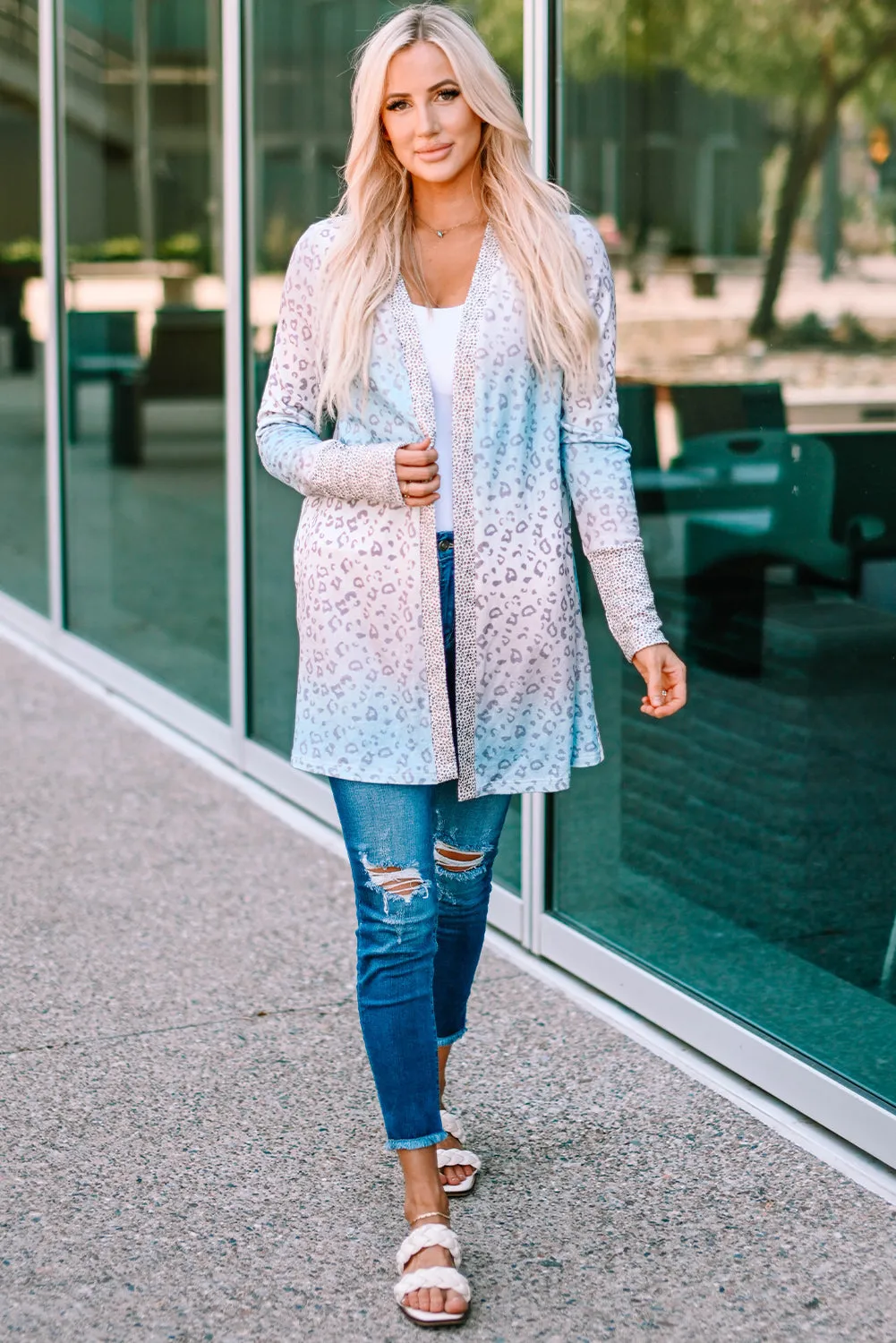 color Gradient Leopard Open Front Cardigan