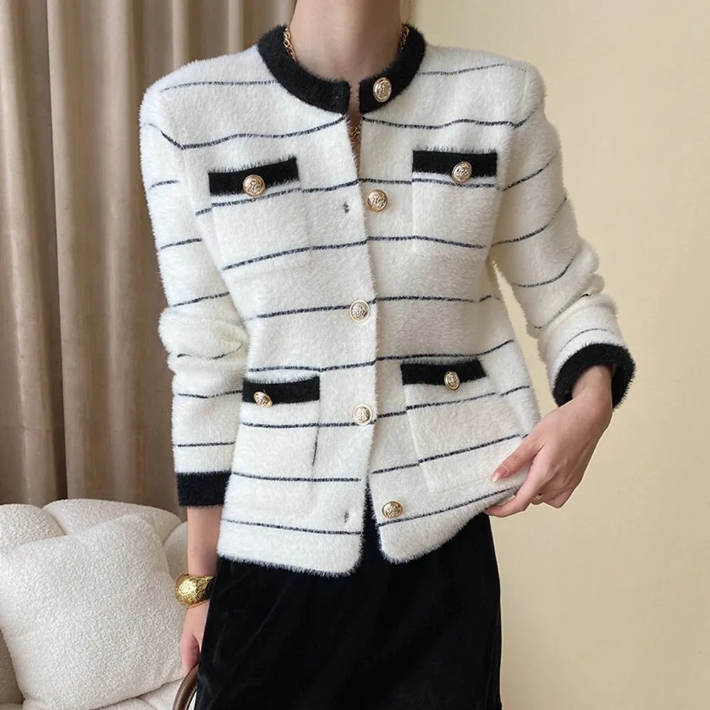 Colorblock Casual Knitting Sweaters For Women Round Neck Long Sleeves Patchwork Single Breasted Chic Sweater Female