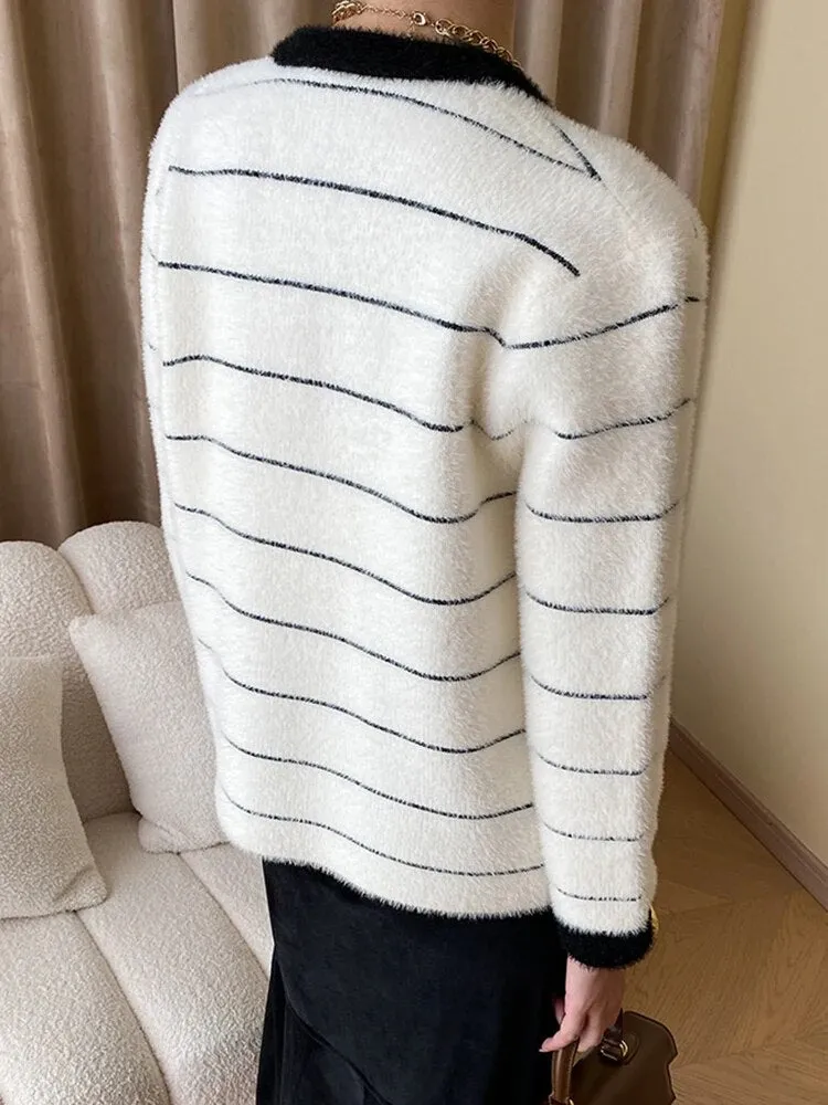 Colorblock Casual Knitting Sweaters For Women Round Neck Long Sleeves Patchwork Single Breasted Chic Sweater Female