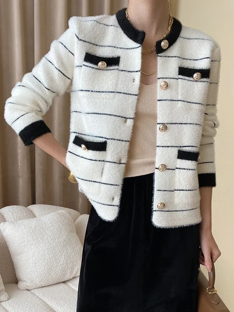 Colorblock Casual Knitting Sweaters For Women Round Neck Long Sleeves Patchwork Single Breasted Chic Sweater Female