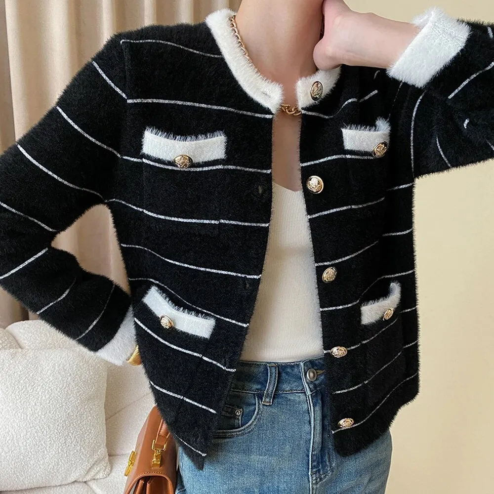 Colorblock Casual Knitting Sweaters For Women Round Neck Long Sleeves Patchwork Single Breasted Chic Sweater Female