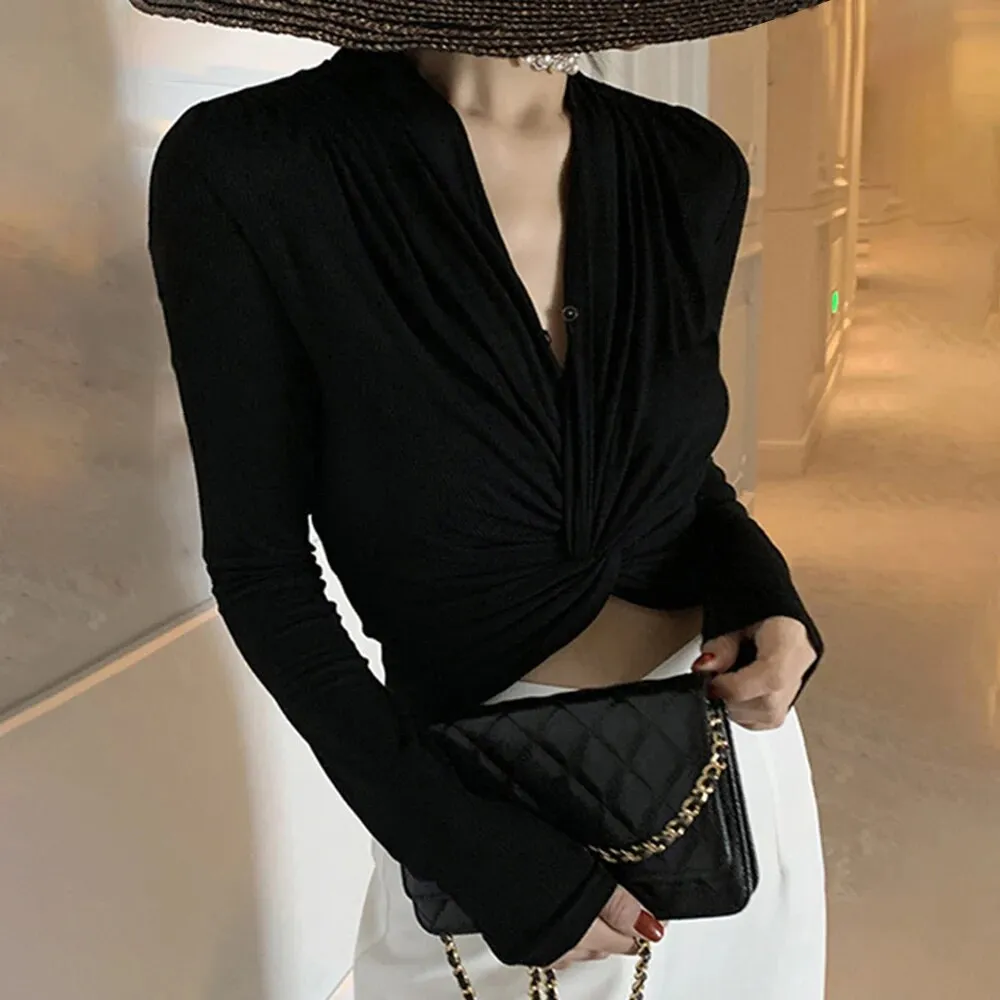 Crisscross Twist Slimming Knittting Sweaters For Women V Neck Long Sleeve Patchwork Folds Sexy Sweater Female