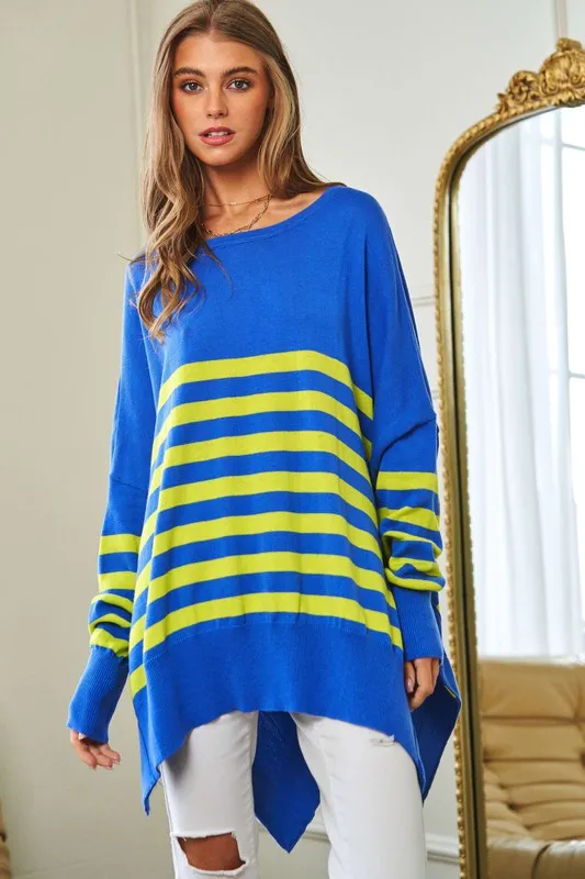 Davi & Dani Multicolor Solid Stripe Contrast Elbow Patch Boxy Relaxed Fit Knit Top