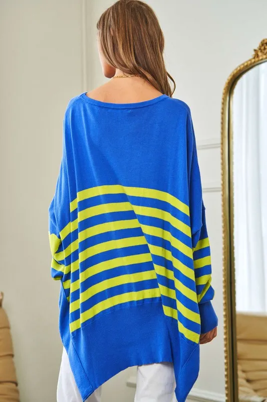 Davi & Dani Multicolor Solid Stripe Contrast Elbow Patch Boxy Relaxed Fit Knit Top