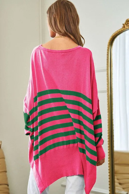 Davi & Dani Multicolor Solid Stripe Contrast Elbow Patch Boxy Relaxed Fit Knit Top