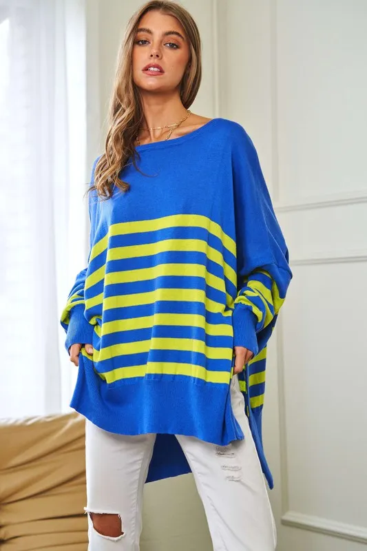 Davi & Dani Multicolor Solid Stripe Contrast Elbow Patch Boxy Relaxed Fit Knit Top