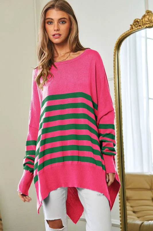 Davi & Dani Multicolor Solid Stripe Contrast Elbow Patch Boxy Relaxed Fit Knit Top