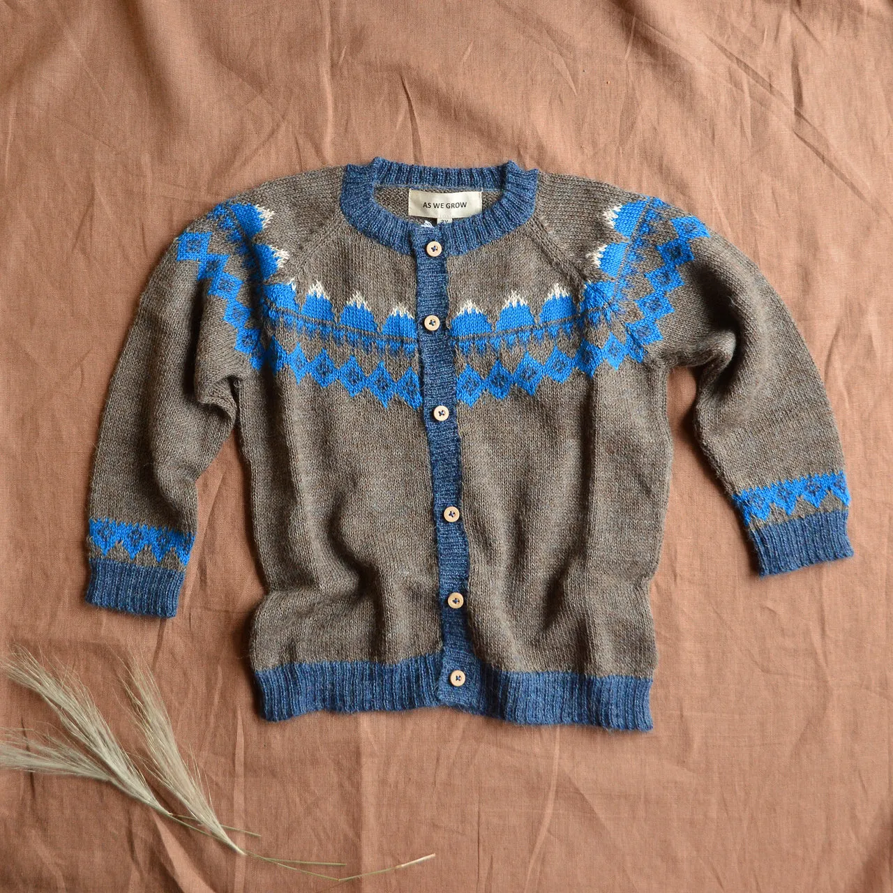 FairIsle Mountain Cardigan - 100% Baby Alpaca - Cedar/Blue (18m-8y)