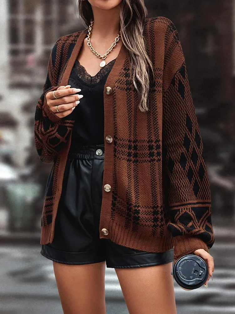 Fashionkova  Casual New 2022 Plaid Fashionable Knitted Cardigan Female Autumn Winter Sweater Coat Basic Women's Vintage Tops Sweaters