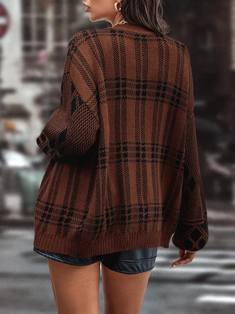 Fashionkova  Casual New 2022 Plaid Fashionable Knitted Cardigan Female Autumn Winter Sweater Coat Basic Women's Vintage Tops Sweaters