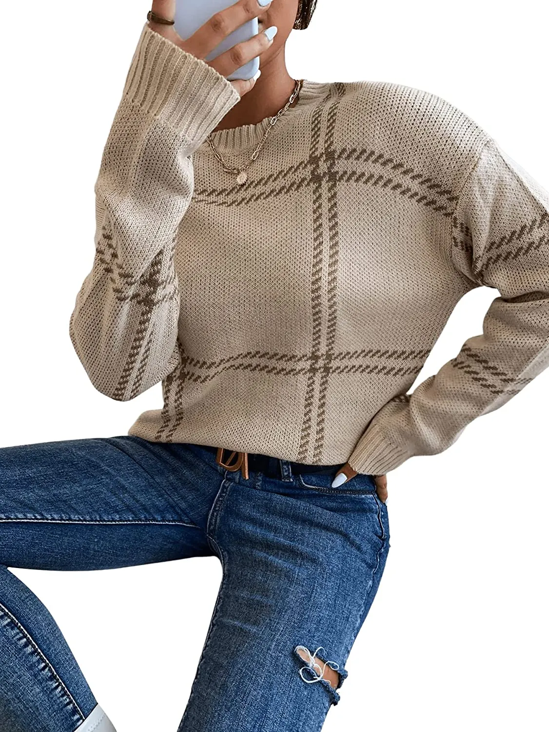 FashionSierra - Women's Plaid Long Sleeve Crewneck Pullover Top Sweater