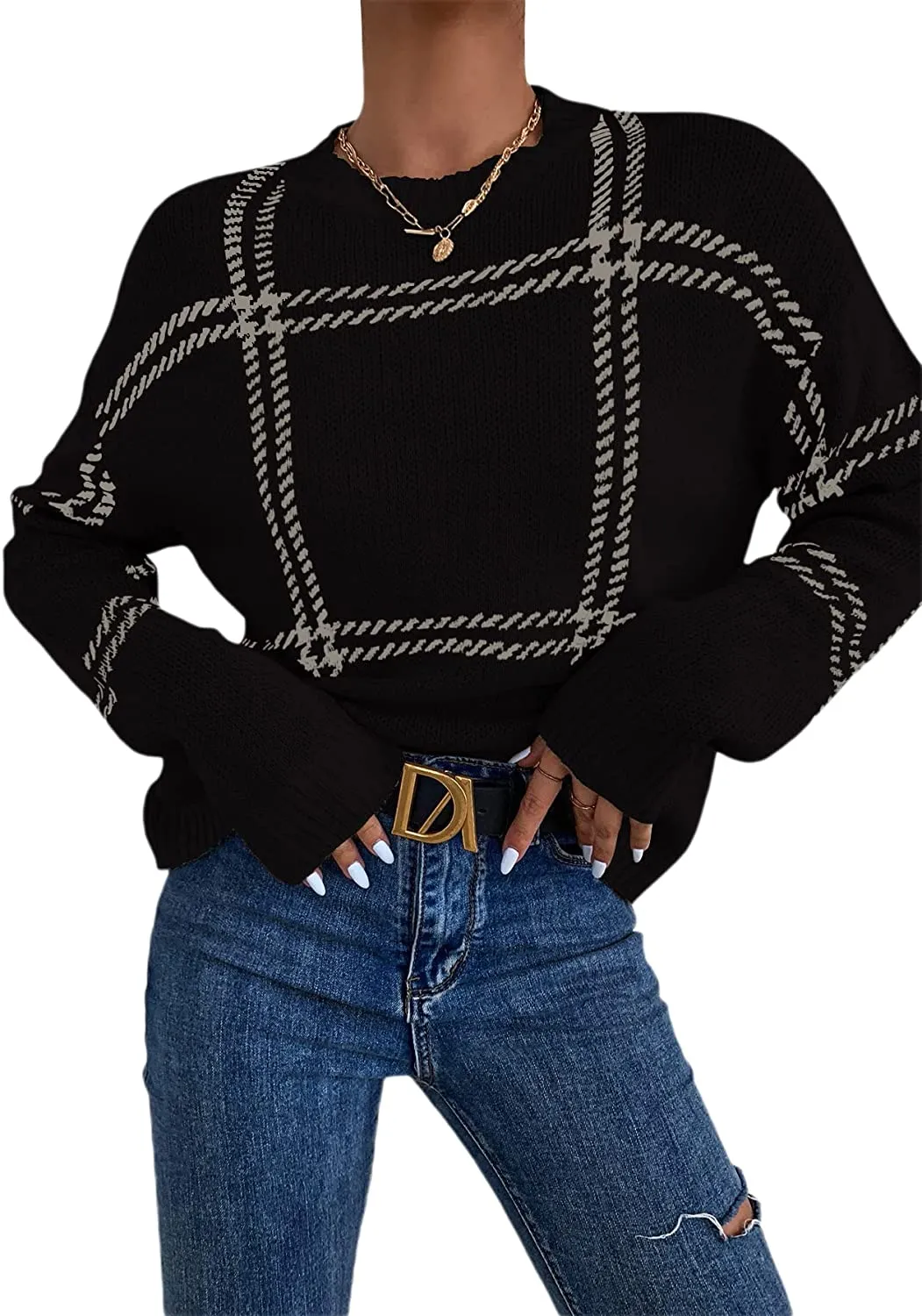 FashionSierra - Women's Plaid Long Sleeve Crewneck Pullover Top Sweater