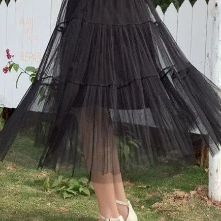 Flowy Midi Mesh Skirt With Ribbons