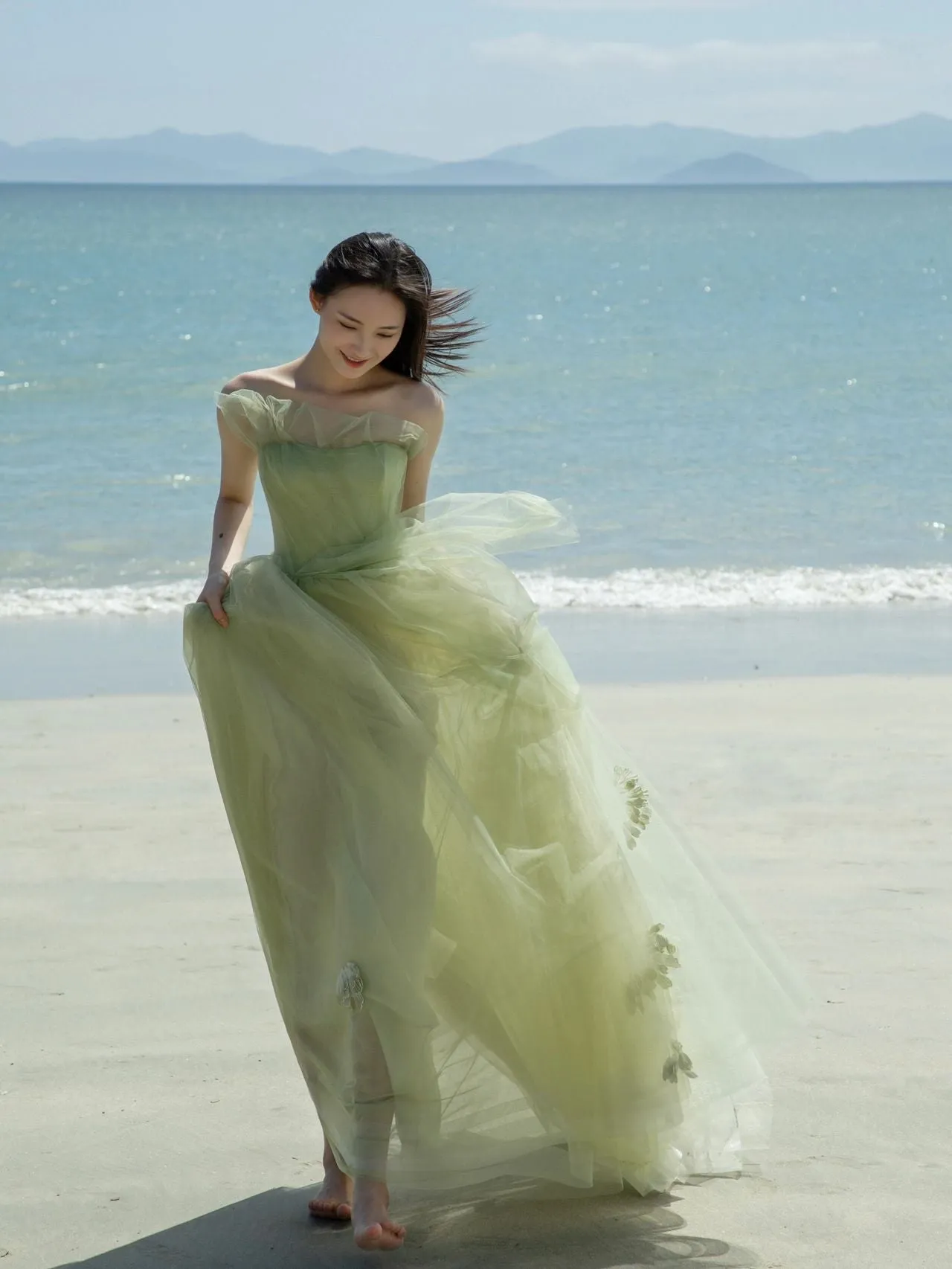 Flowy Sage Green Boho Beach Wedding Dress