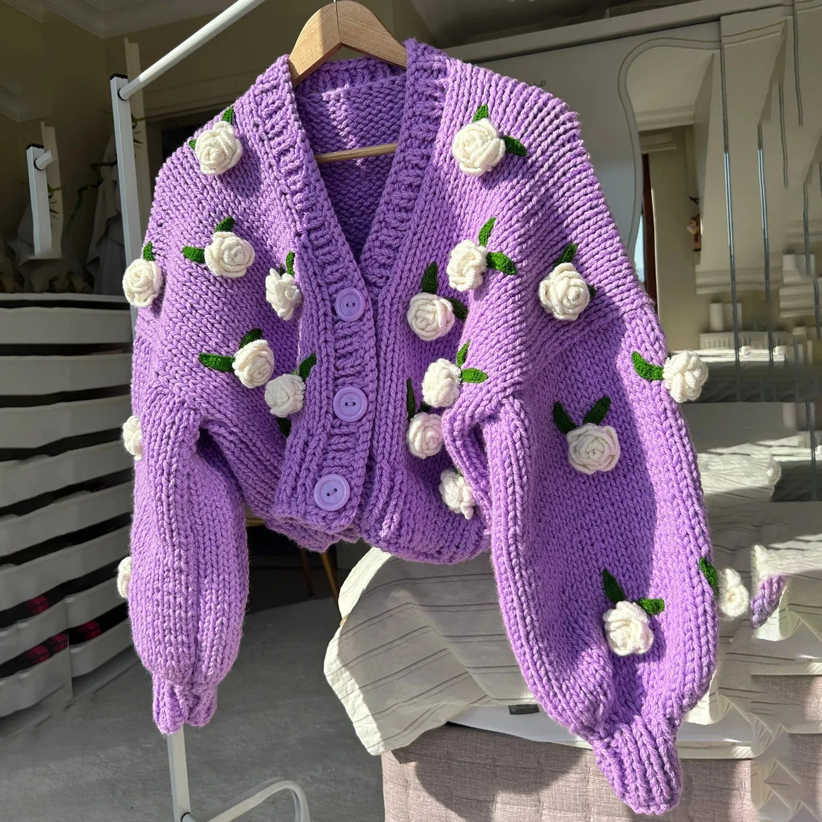 Girlary Women's Y2K Cute Kawaii Crop Knit Cardigans Long Sleeve 3D Flowers Decor Button Closure Loose Casual Jacket Sweaters