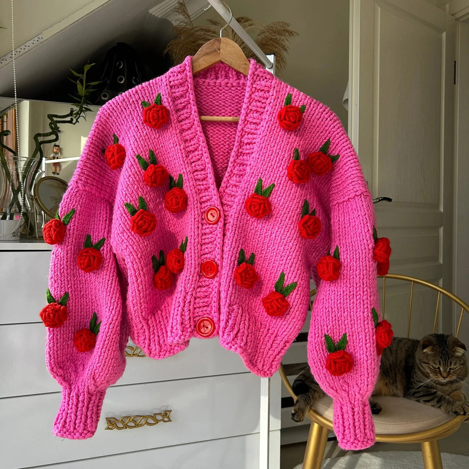 Girlary Women's Y2K Cute Kawaii Crop Knit Cardigans Long Sleeve 3D Flowers Decor Button Closure Loose Casual Jacket Sweaters