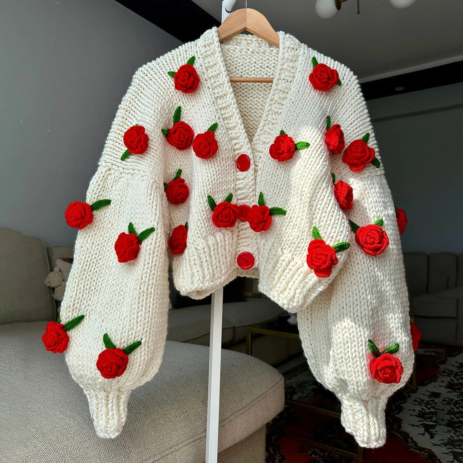 Girlary Women's Y2K Cute Kawaii Crop Knit Cardigans Long Sleeve 3D Flowers Decor Button Closure Loose Casual Jacket Sweaters