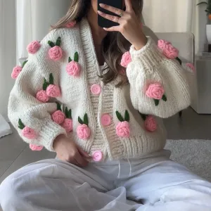 Girlary Women's Y2K Cute Kawaii Crop Knit Cardigans Long Sleeve 3D Flowers Decor Button Closure Loose Casual Jacket Sweaters