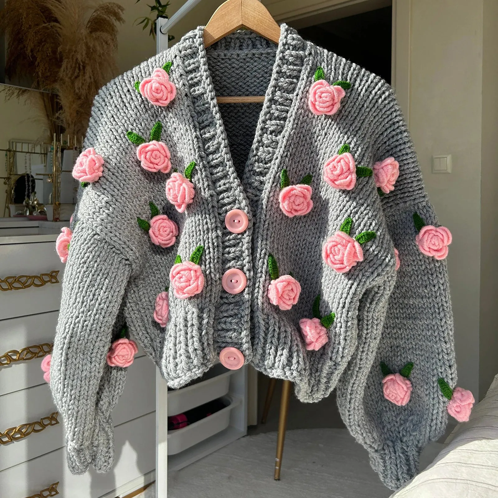 Girlary Women's Y2K Cute Kawaii Crop Knit Cardigans Long Sleeve 3D Flowers Decor Button Closure Loose Casual Jacket Sweaters