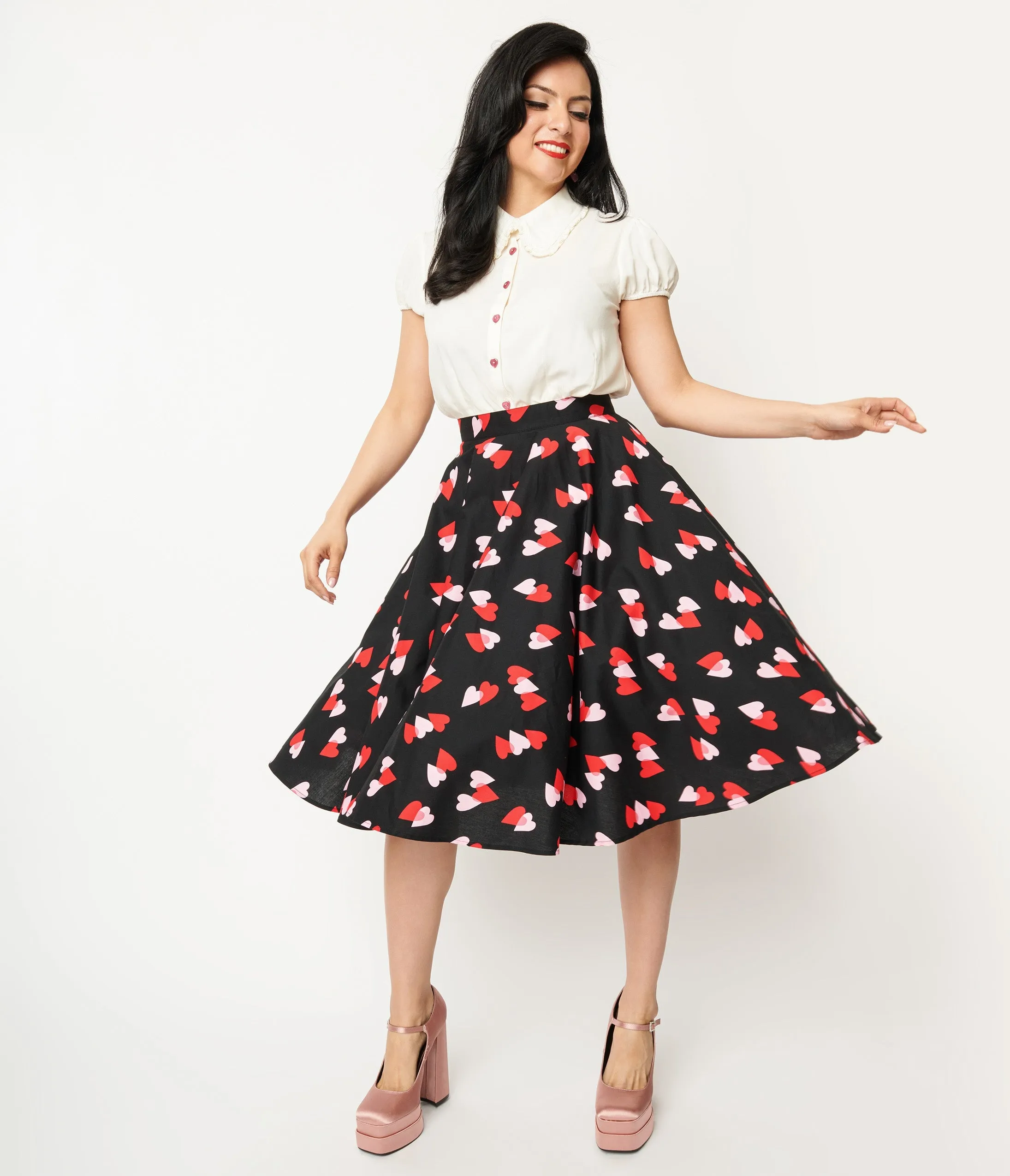 Hell Bunny Pink & Red Heart Confetti Swing Skirt