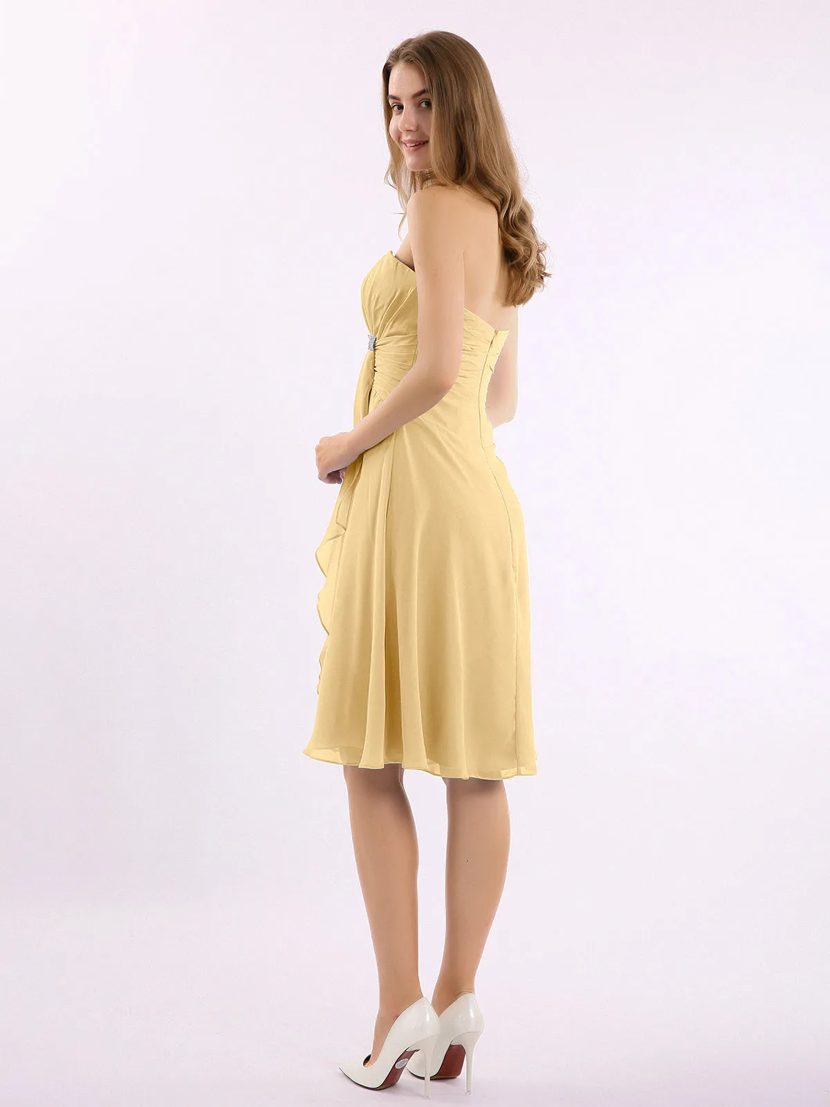 Knee Length Chiffon Dress with Sweetheart Neck-Gold Plus Size