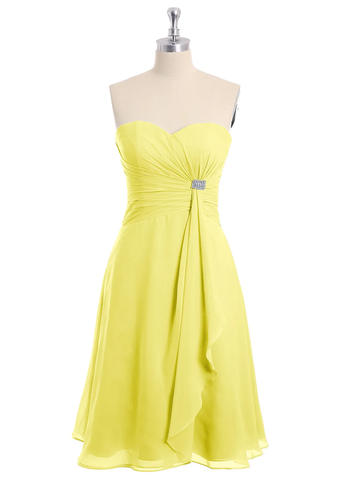 Knee Length Chiffon Dress with Sweetheart Neck-Lemon