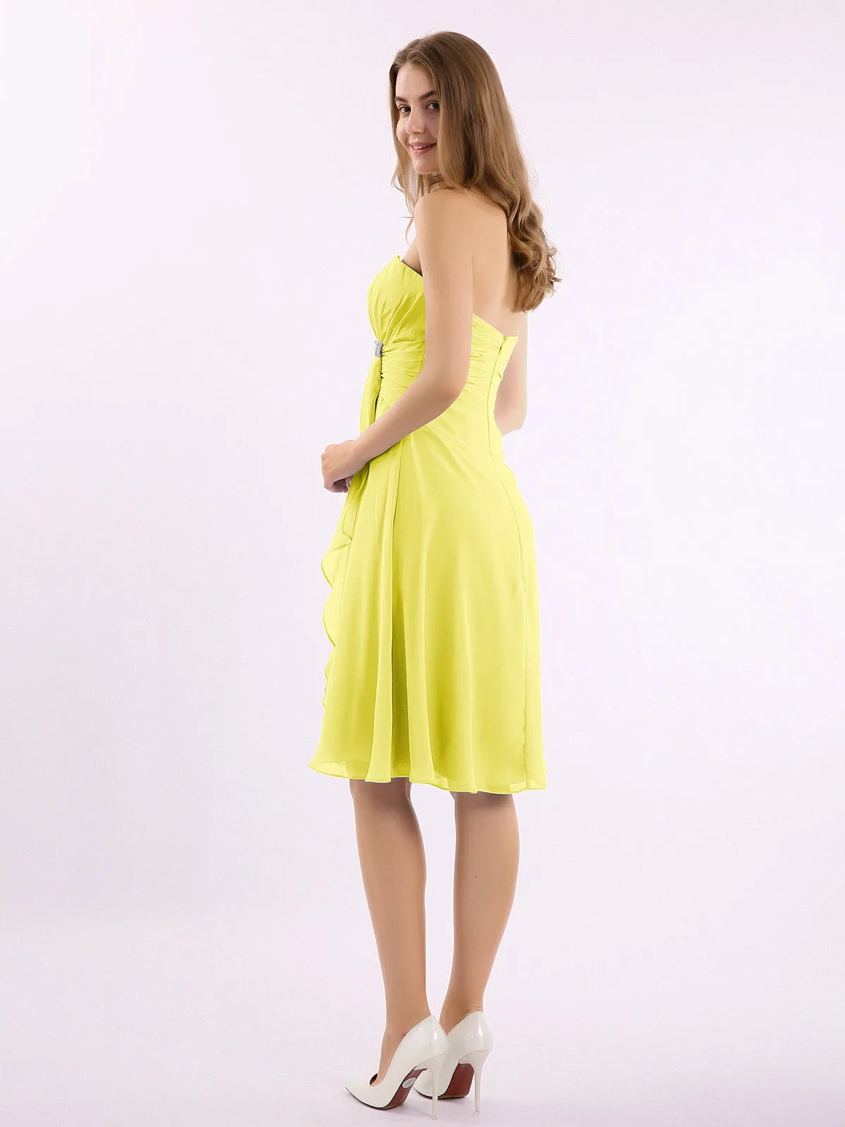 Knee Length Chiffon Dress with Sweetheart Neck-Lemon