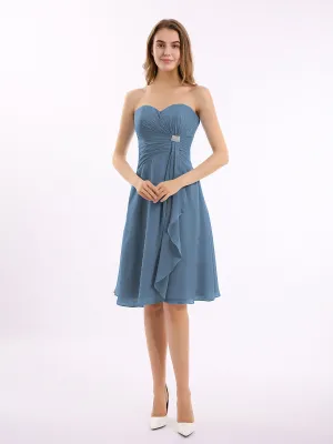 Knee Length Chiffon Dress with Sweetheart Neck-Slate Blue