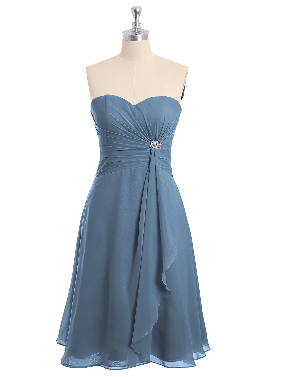 Knee Length Chiffon Dress with Sweetheart Neck-Slate Blue