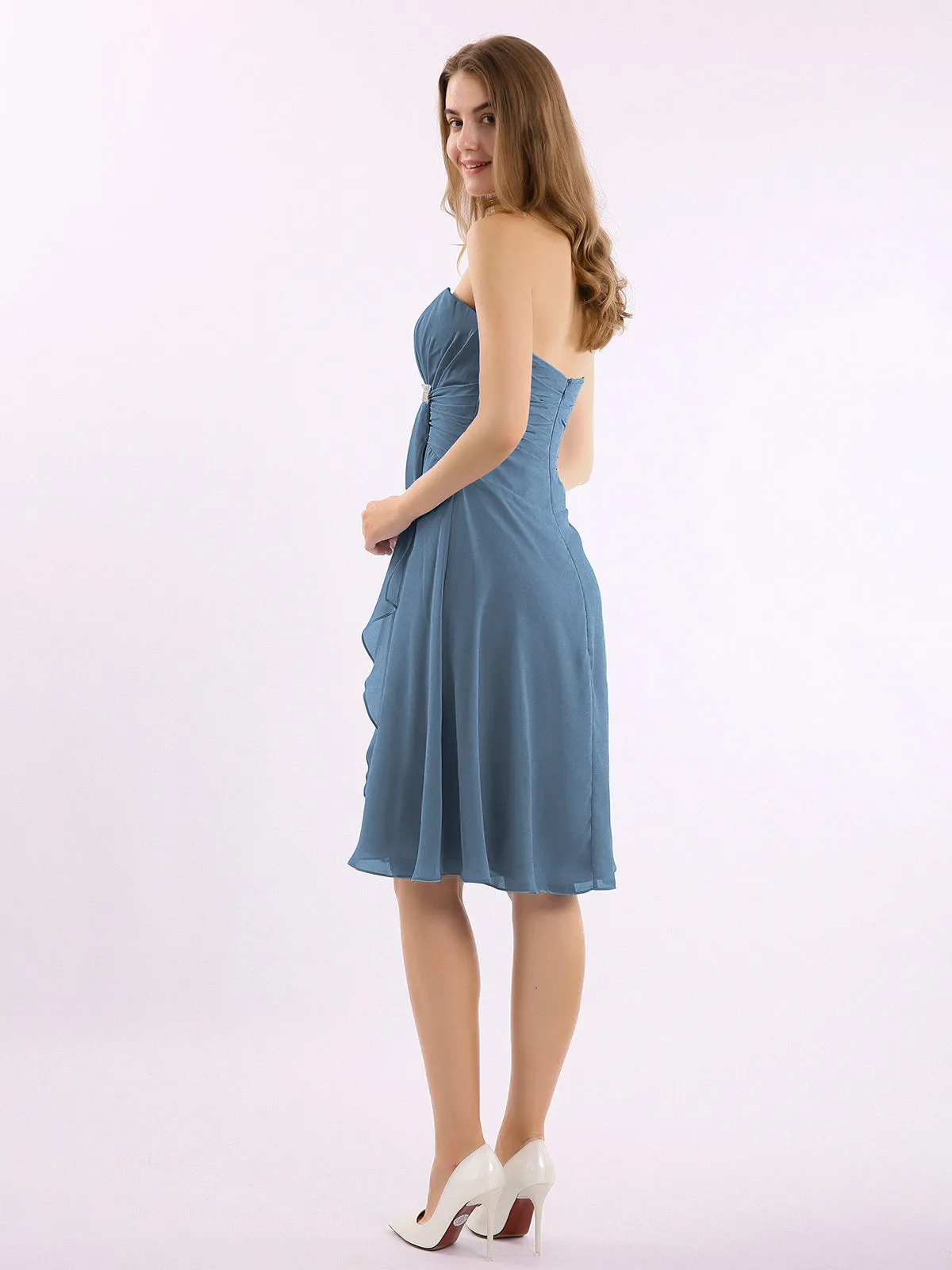 Knee Length Chiffon Dress with Sweetheart Neck-Slate Blue