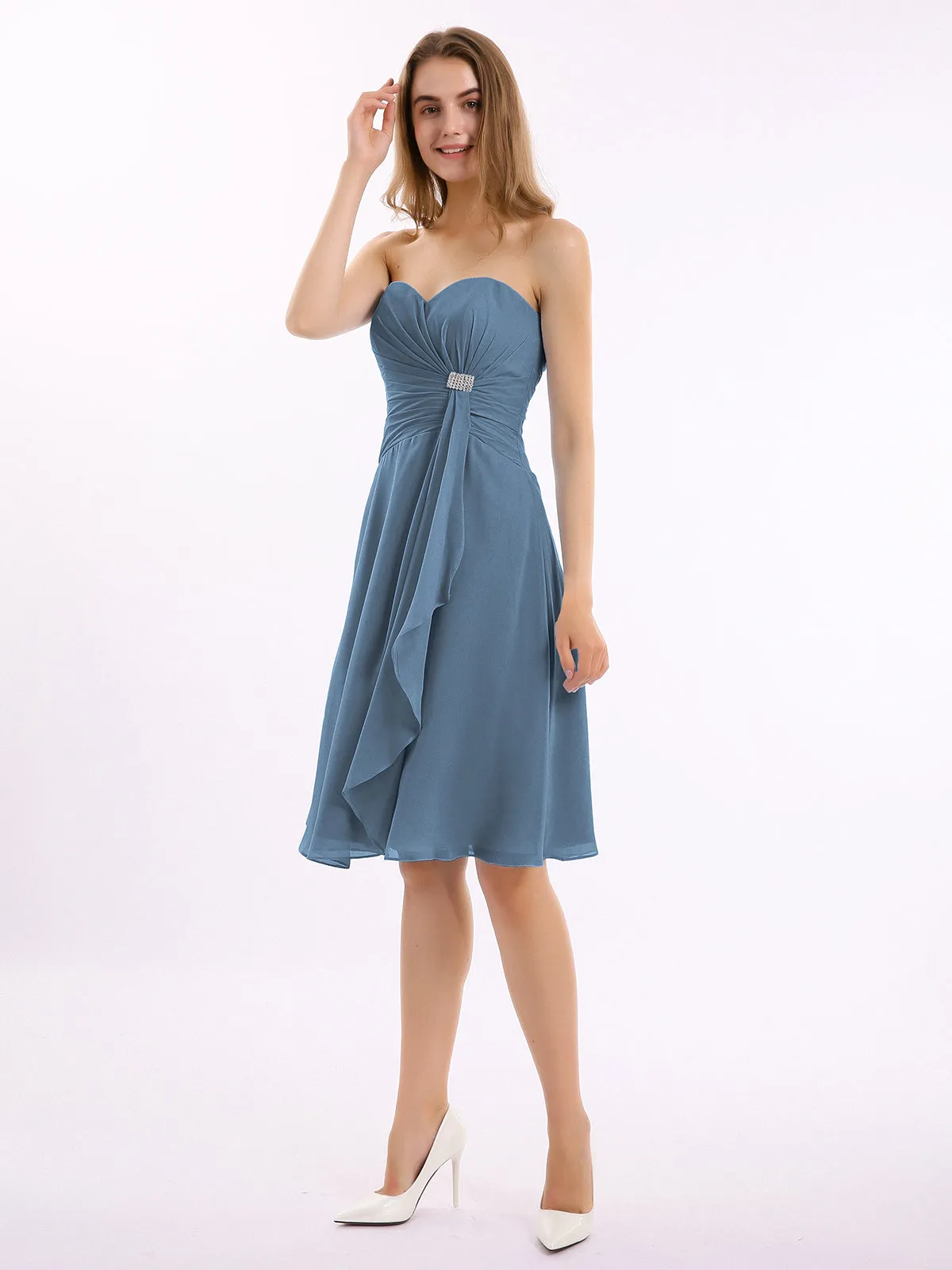 Knee Length Chiffon Dress with Sweetheart Neck-Slate Blue