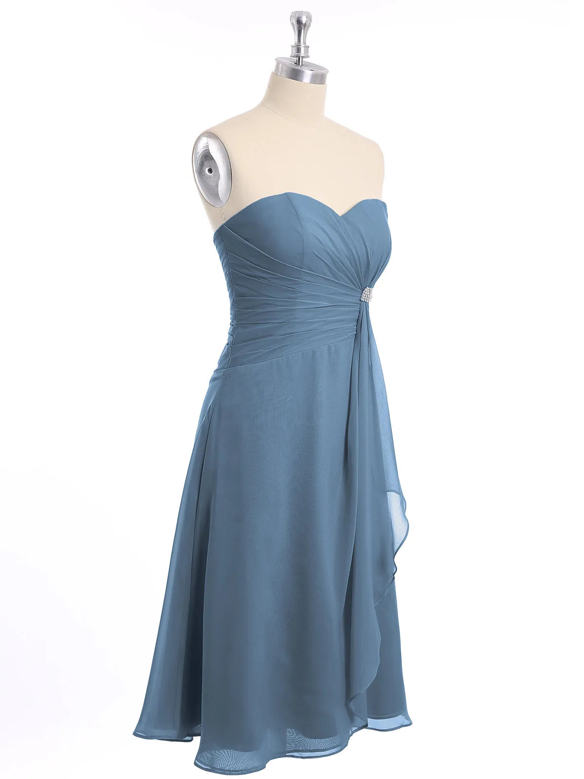 Knee Length Chiffon Dress with Sweetheart Neck-Slate Blue