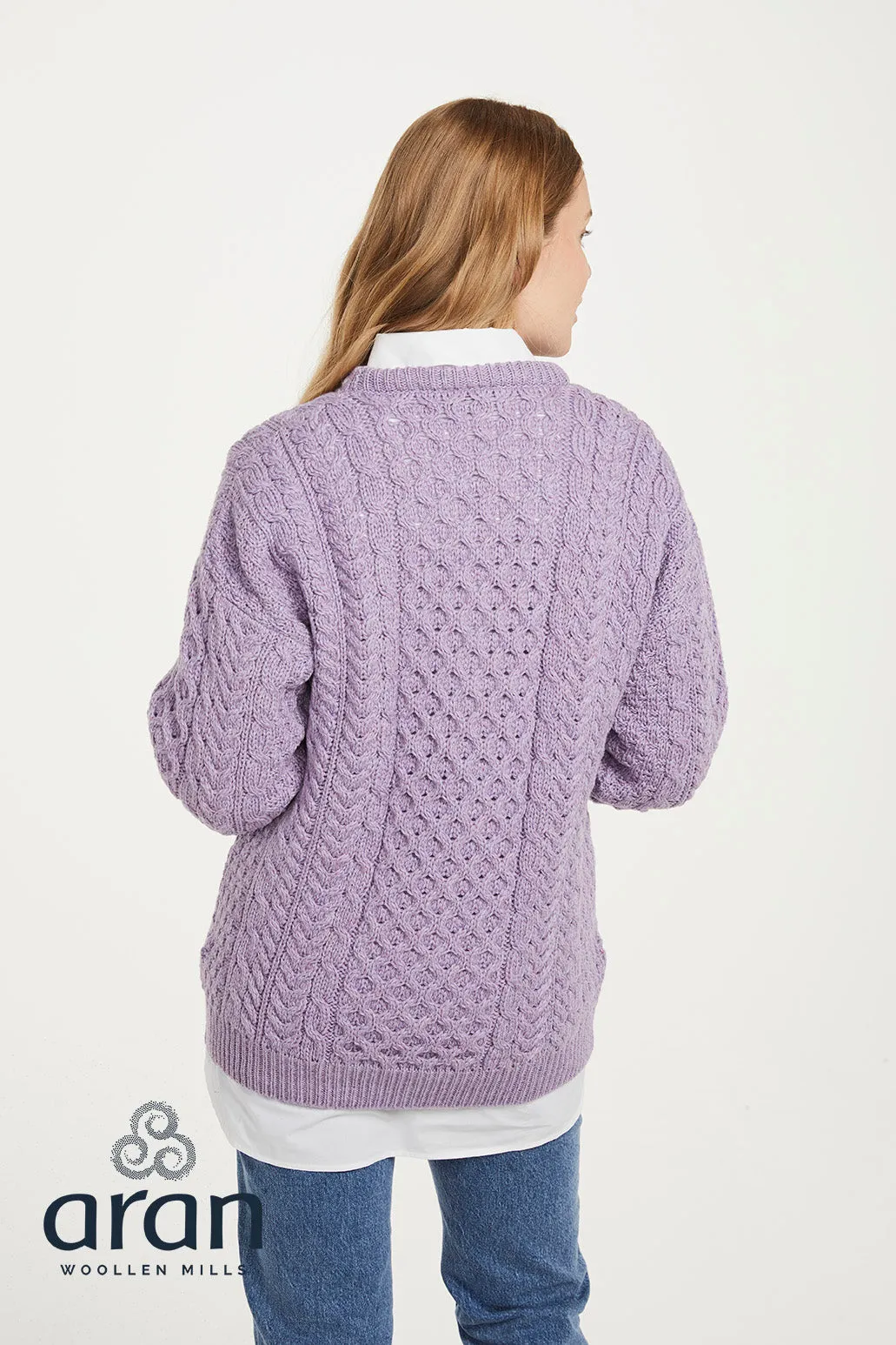 Ladies Merino Wool Crew Neck Aran Sweater