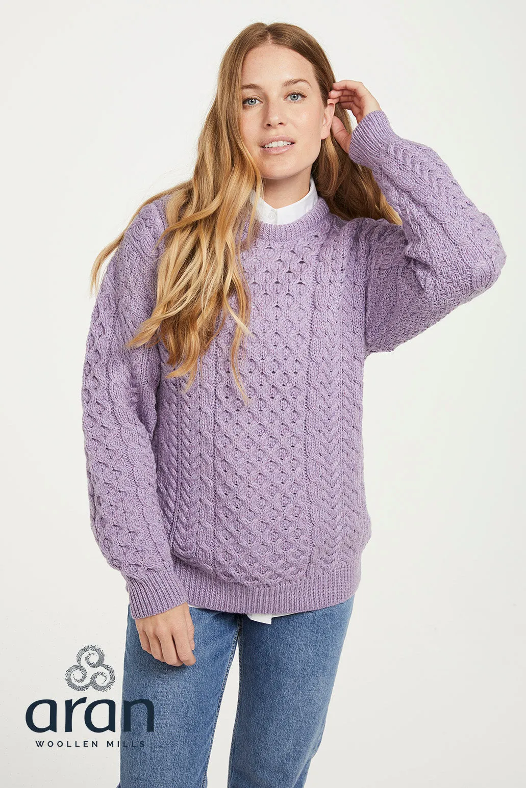 Ladies Merino Wool Crew Neck Aran Sweater