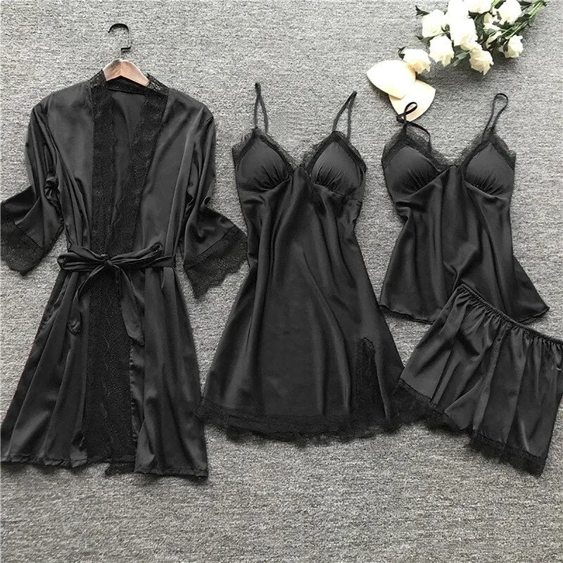 Long Sleeve Womens Pajamas Sexy Lace Lingerie Nightwear Underwear Sleepwear 4Pc Suit Pajama Sets for Women Pijama Mujer