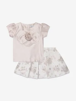 Mama Luma Girls Jacquard Blouse And Skirt Set in Gold