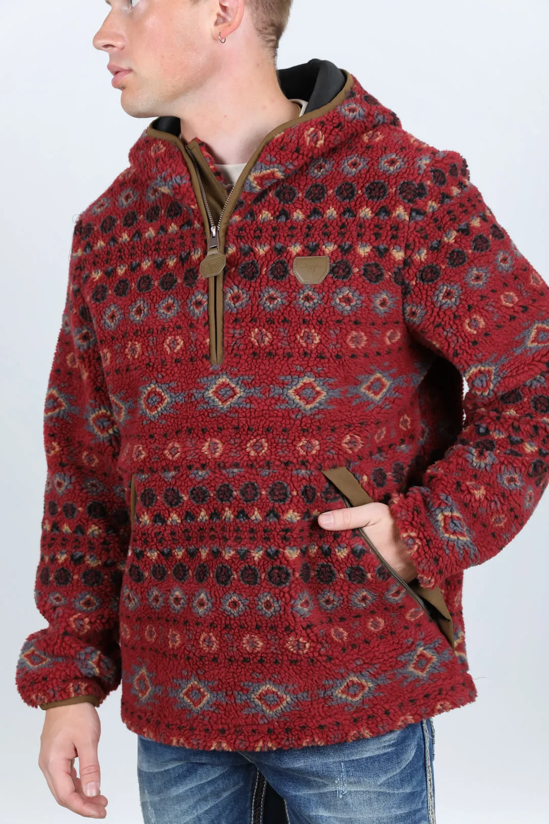 Mens Aztec Sherpa Hooded Pullover - Burgundy